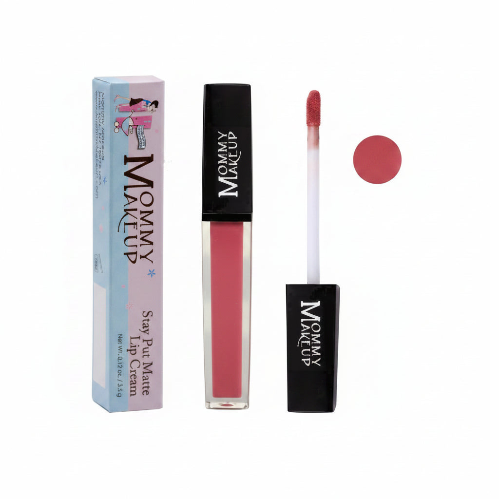 Mommy Makeup lip cream with packaging and applicator on a white background