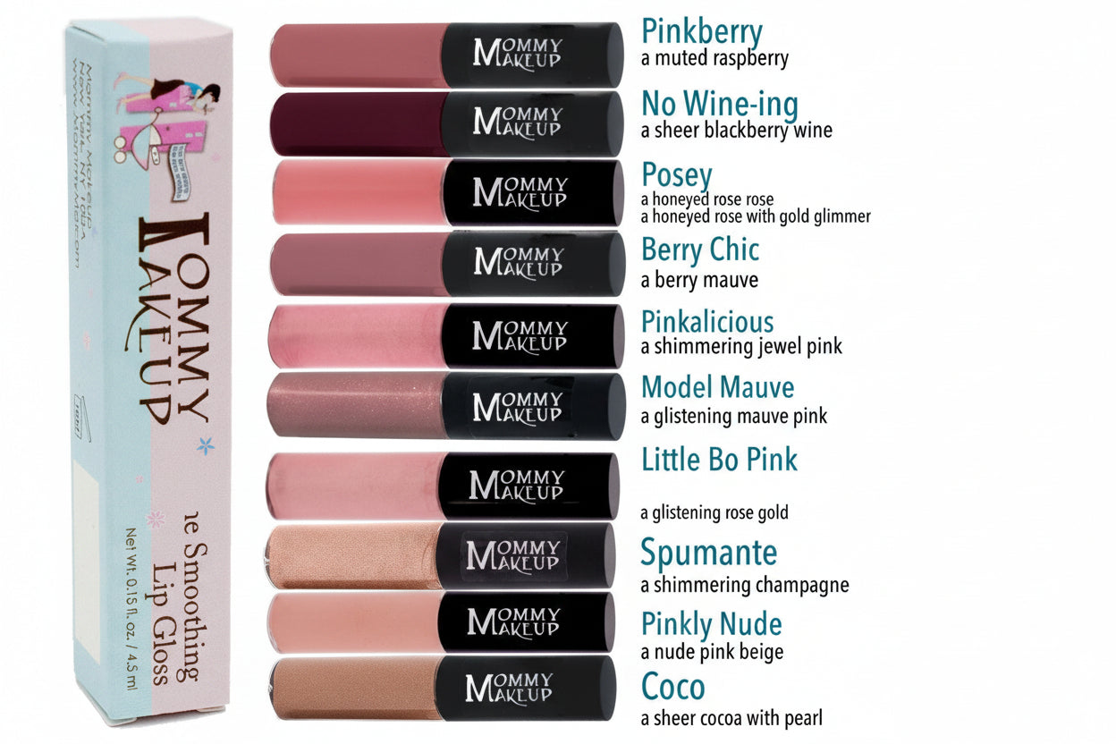 Mommy Makeup lips glosses set with color names and packaging
