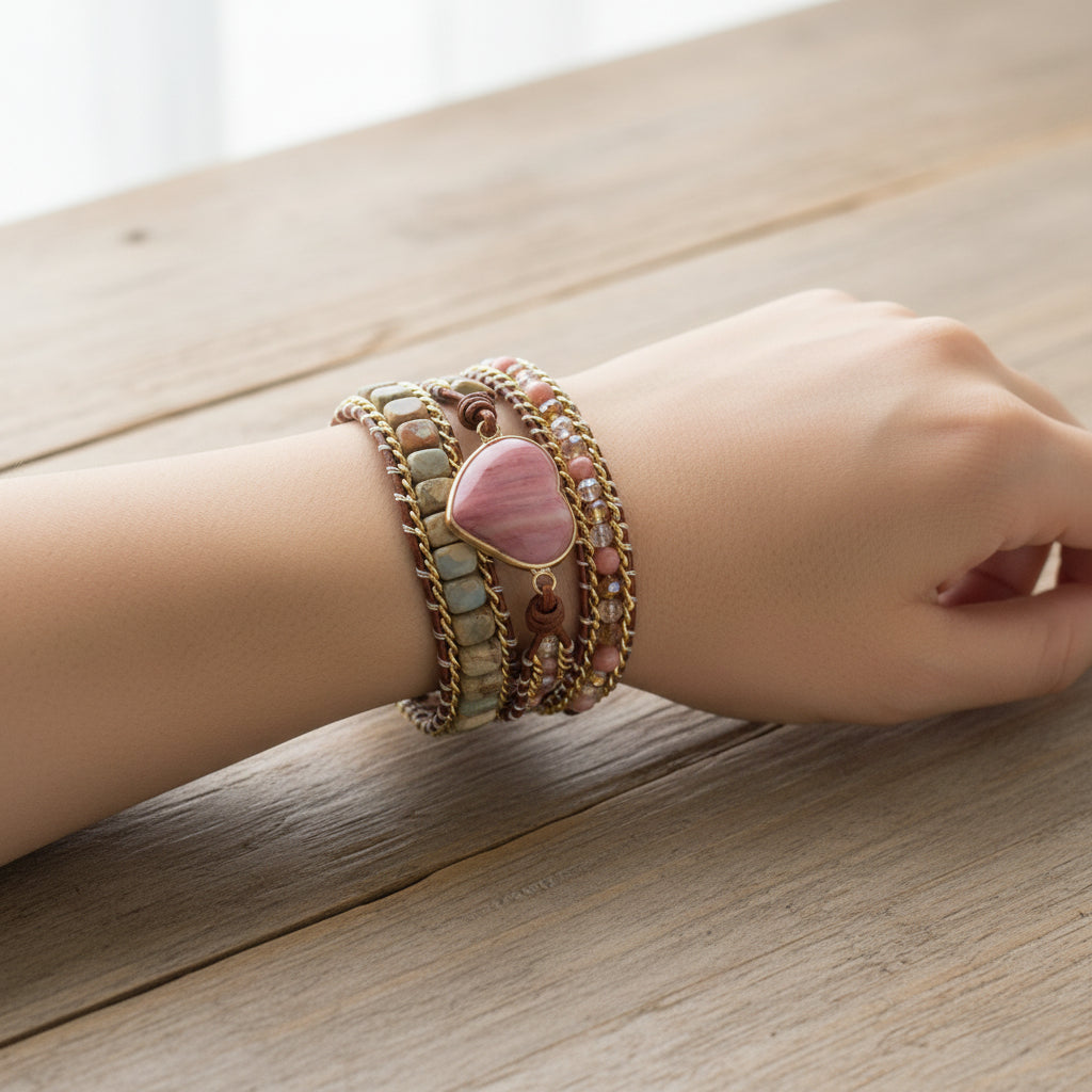 Multistrand bracelet with pink heart in a hand 