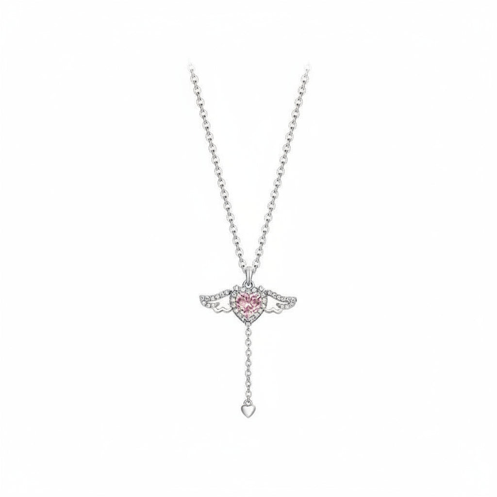 Necklace with a pink heart-shaped pendant on a white background