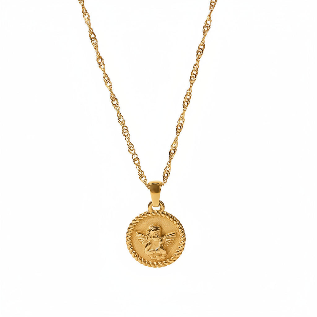 Necklace with a round pendant and an angel in the cente
