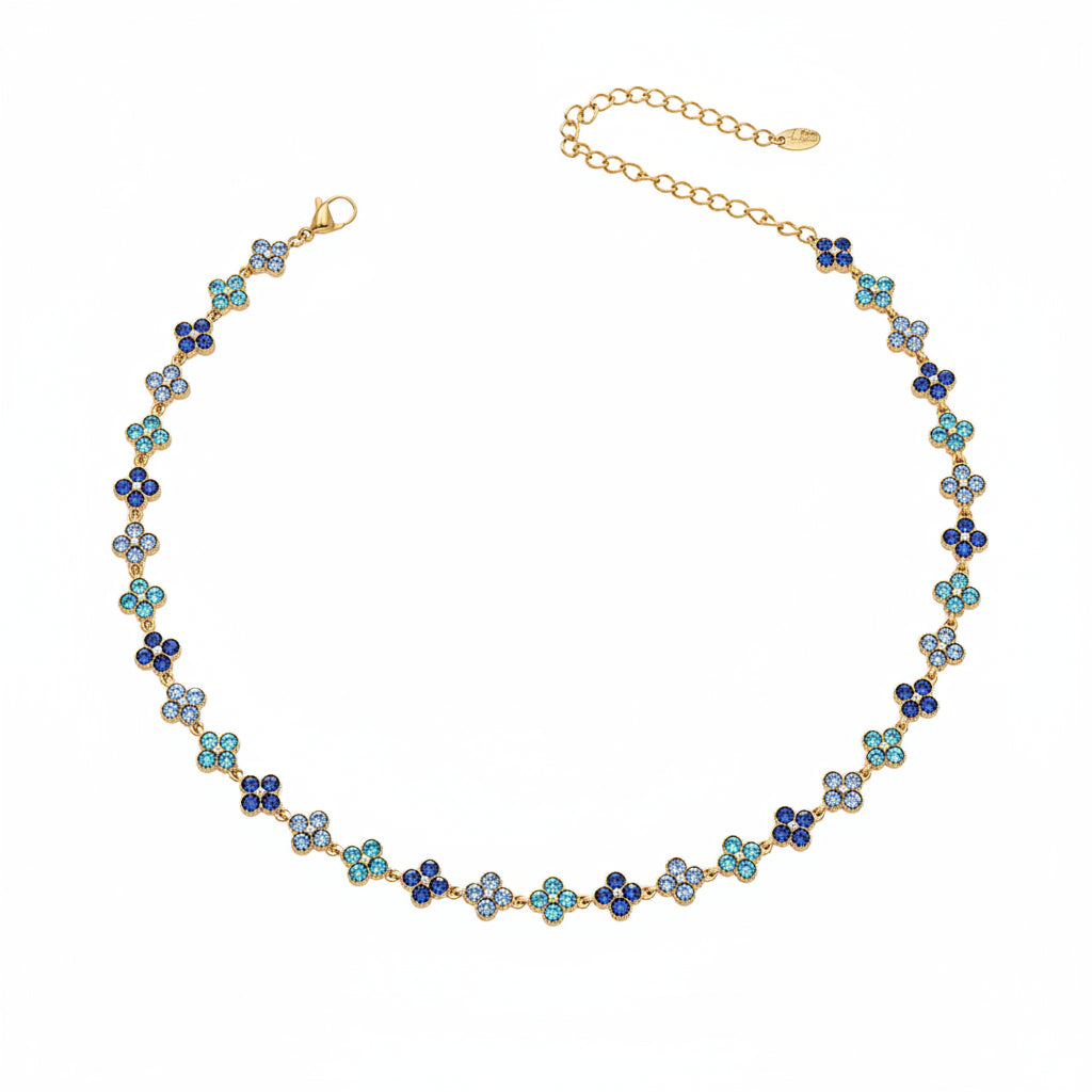 Necklace with blue and gold floral design, labeled with measurements and material details on a white background.