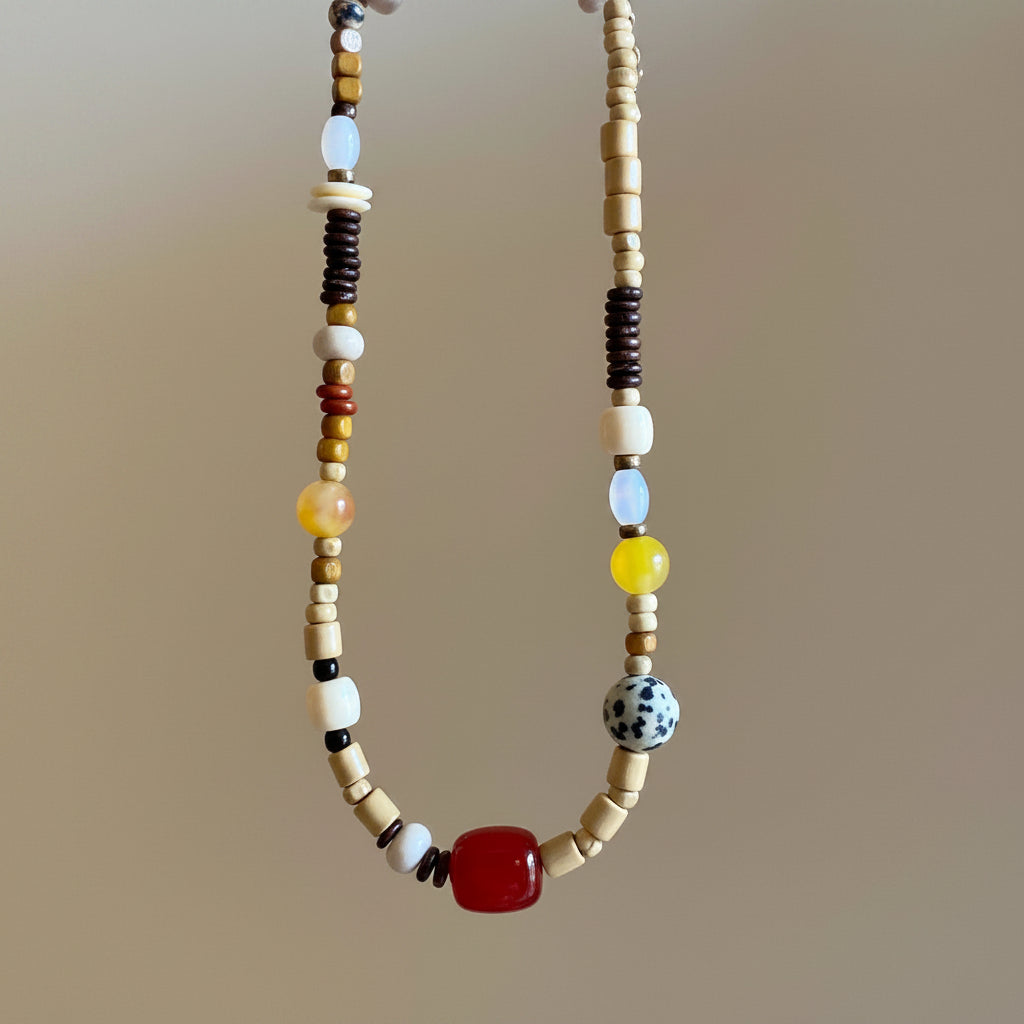 Necklace with multicolored beads on a plain background