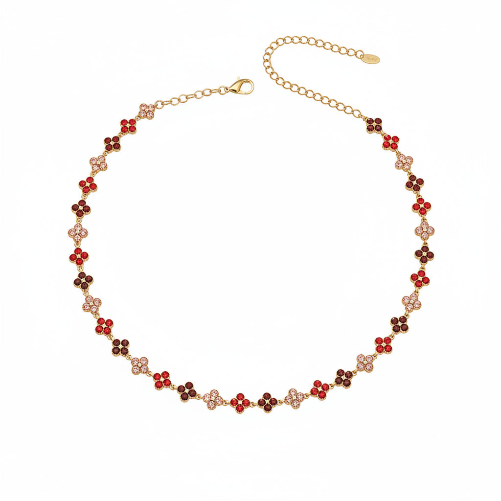 Necklace with red and pink beads and gold chain, labeled with material details and measurements.