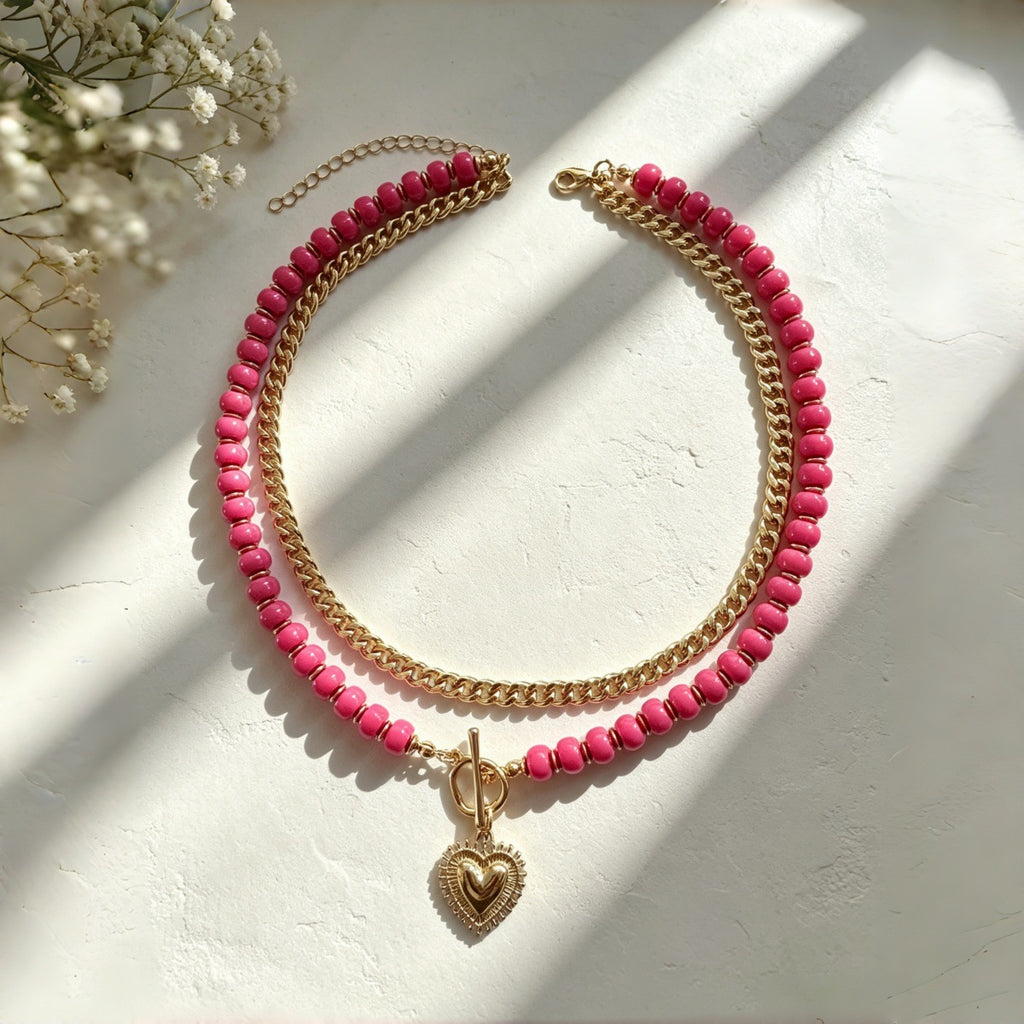 Colorful Beaded Heart Multi-Layer Necklace - Rose Red