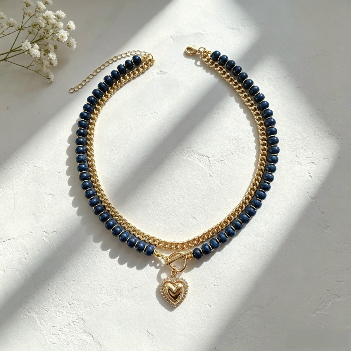 Colorful Beaded Heart Multi-Layer Necklace - Ink Blue