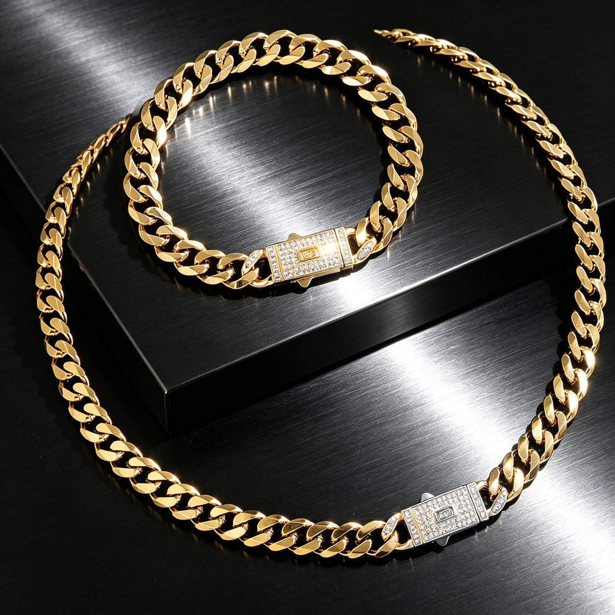 Unisex Cuban Link Gold Jewelry Set - Electroplated Gold Necklace, Silver Necklace & Bracelet