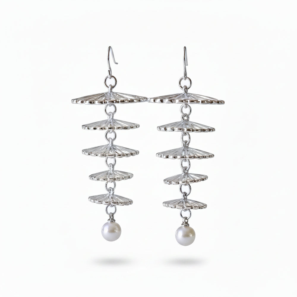 Linda's Look Cascading Pearl Tassel Earrings - Openwork Floral Brass Drops