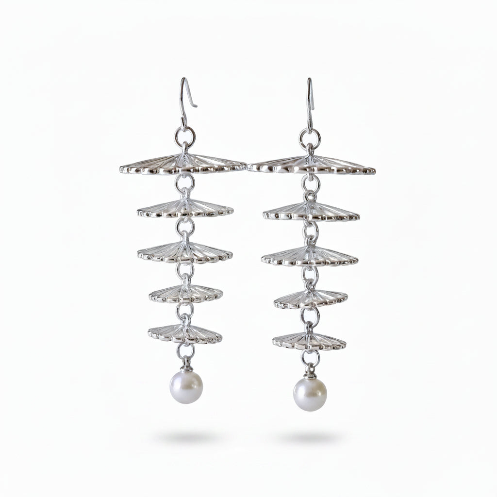 Linda's Look Cascading Pearl Tassel Earrings - Openwork Floral Brass Drops