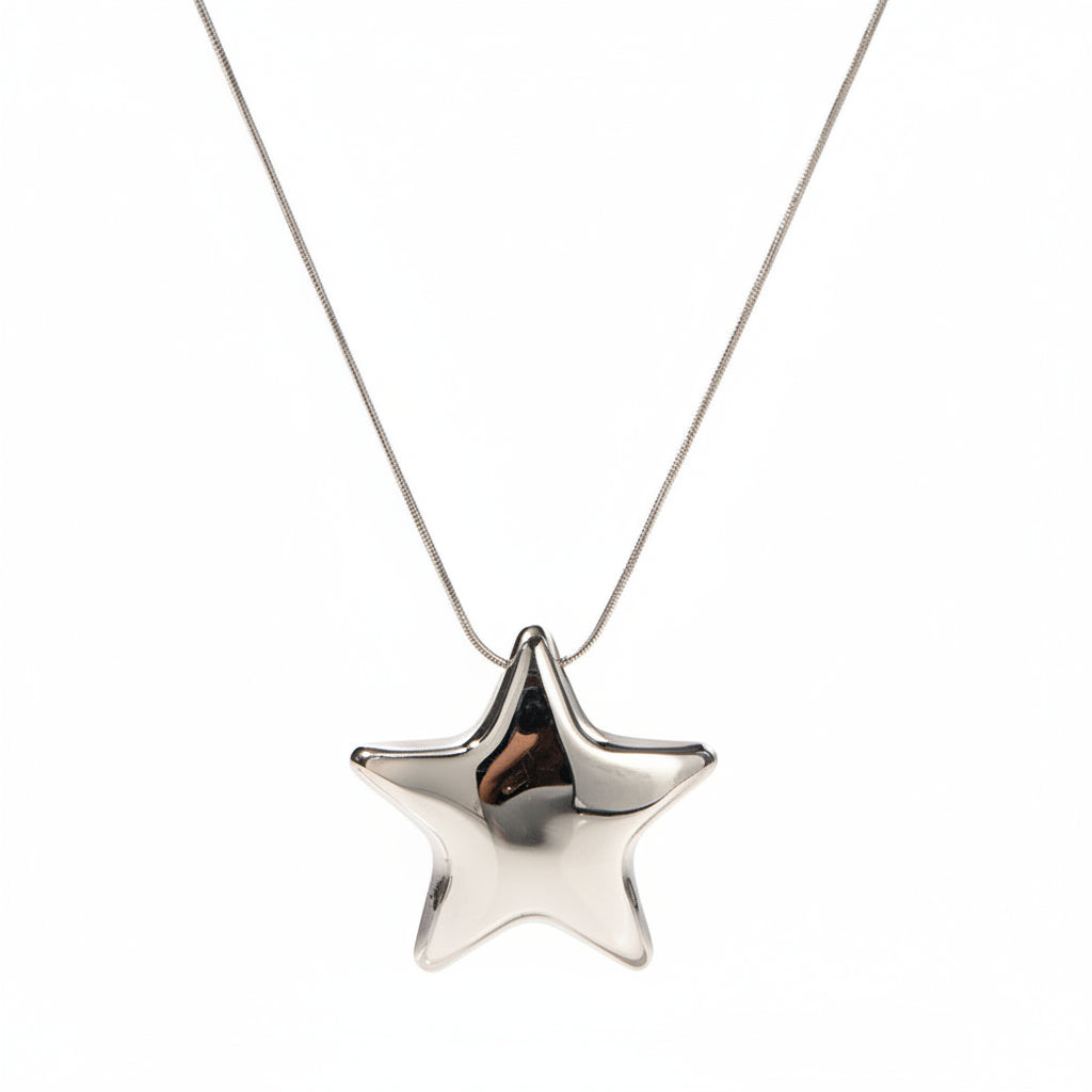 Star-shaped silver pendant necklace with measurements on a white background