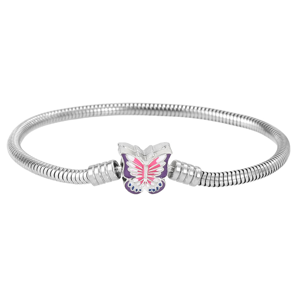 Silver Tone Snake Chain Charm Bracelet for Women with Enamel & Cubic Zirconia Clasp