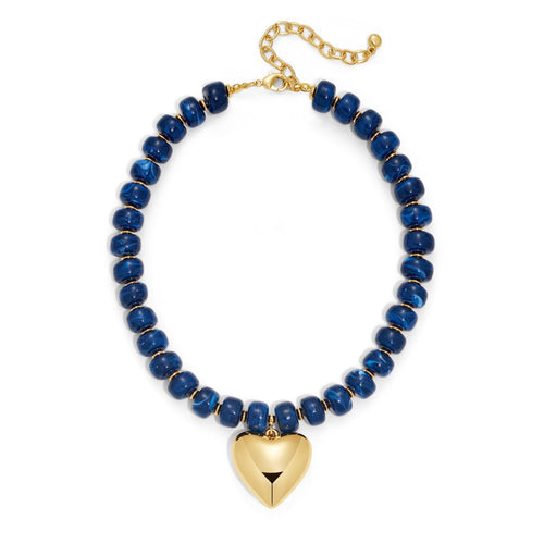 Gold heart pendant beaded statement necklace with acrylic and resin strand