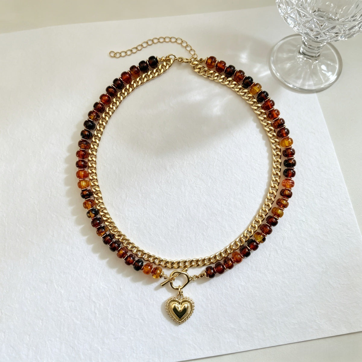 Colorful Beaded Heart Multi-Layer Necklace - Amber