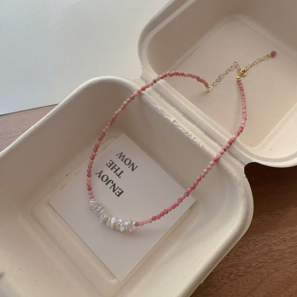 Natural Rhodochrosite & Freshwater Pearl Necklace for Women - Soft Pink Retro Handmade Choker & Jewelry