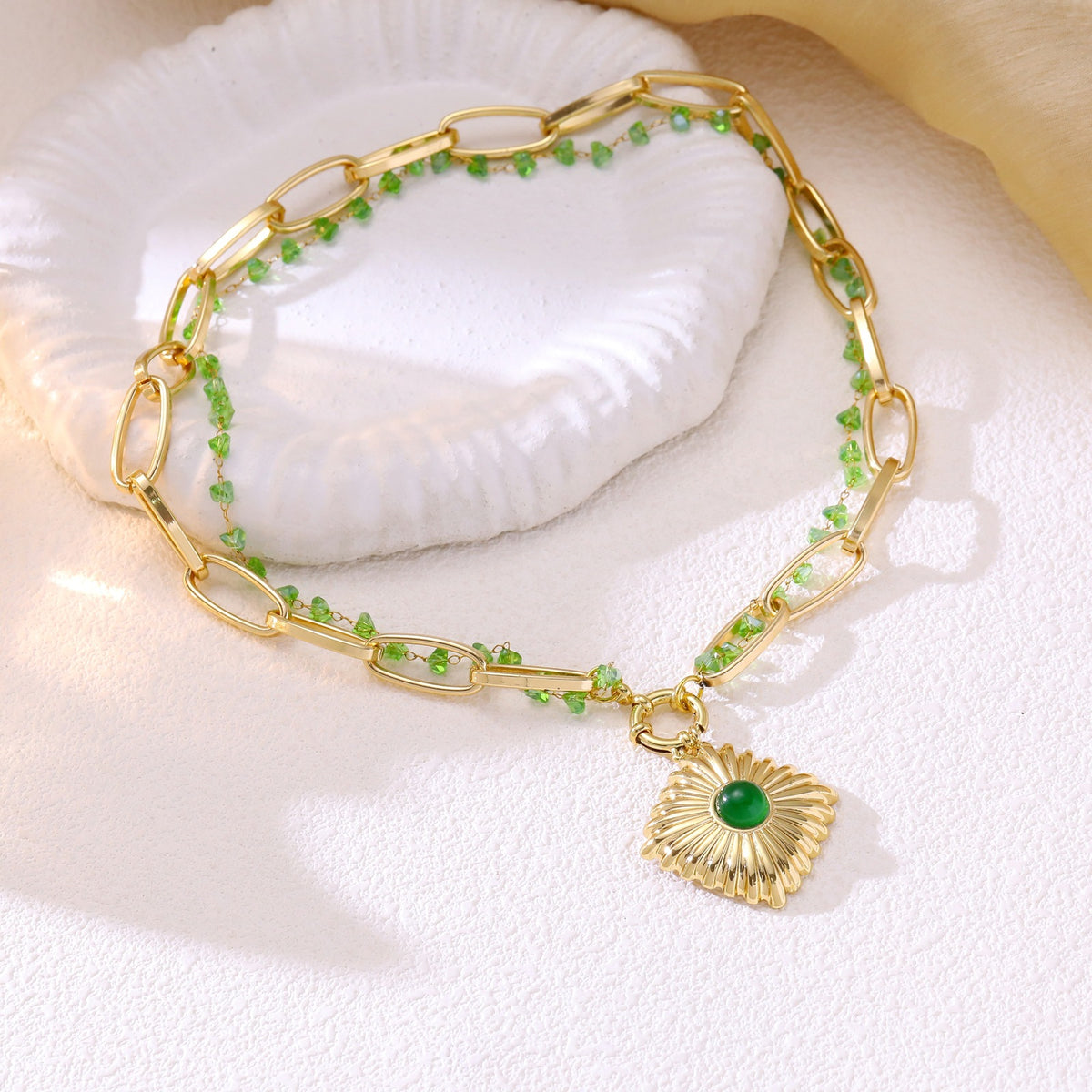 Double-Layer Sunflower Gemstone Pendant Necklace in Gold-Plated Stainless Steel, Gold Necklace Women