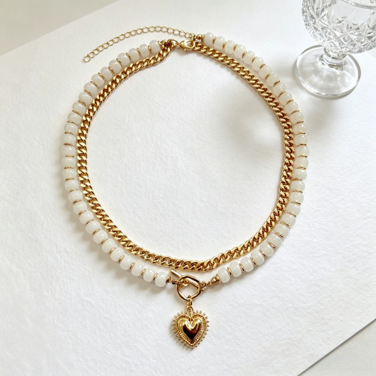 Colorful Beaded Heart Multi-Layer Necklace - White