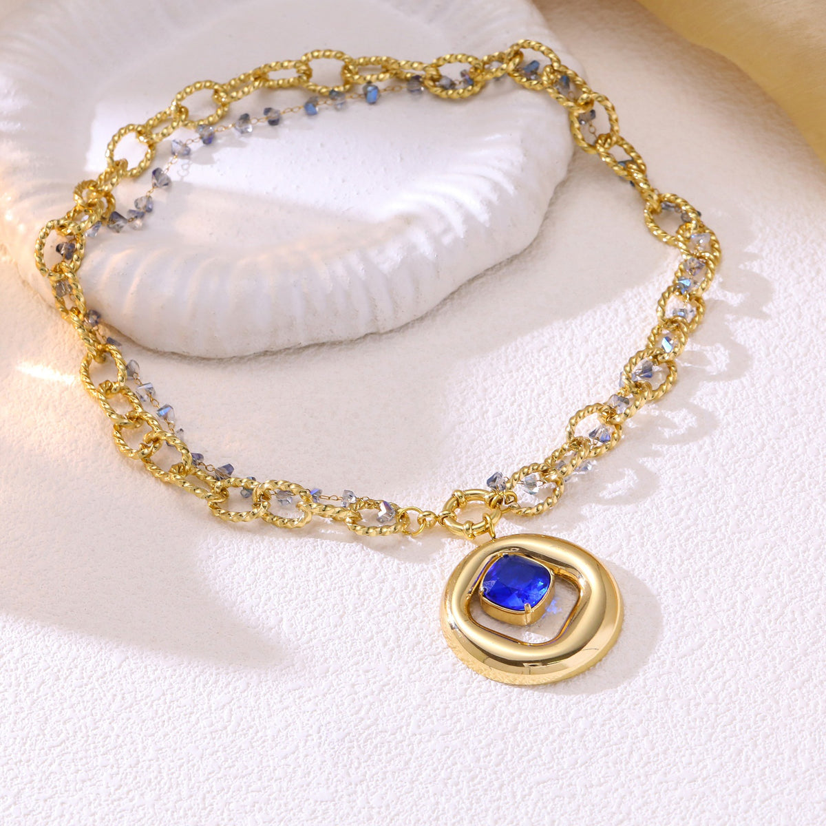 Double-Layer Sunflower Gemstone Pendant Necklace in Gold-Plated Stainless Steel, Gold Necklace Women
