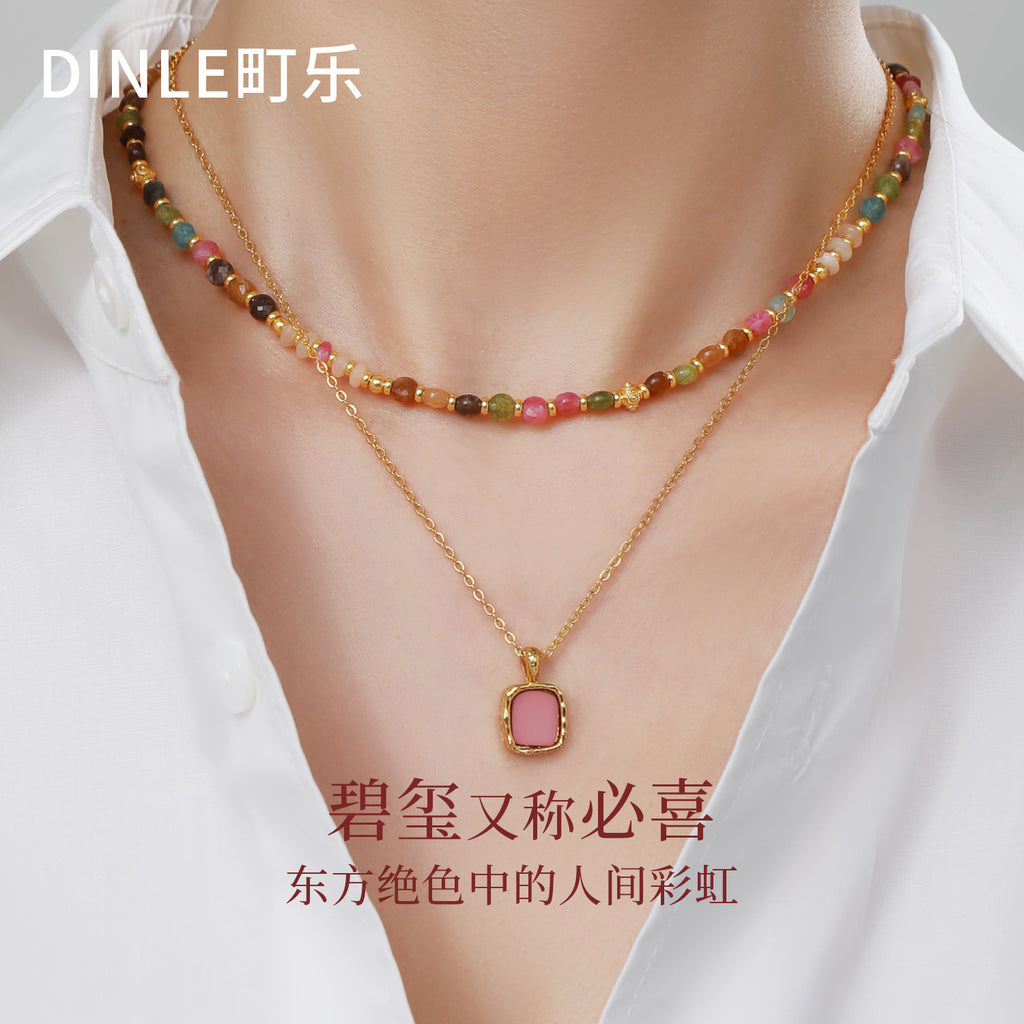 Vintage Natural Tourmaline Beaded Clavicle Necklace - Electroplated Gold Chain Gold Necklace Women
