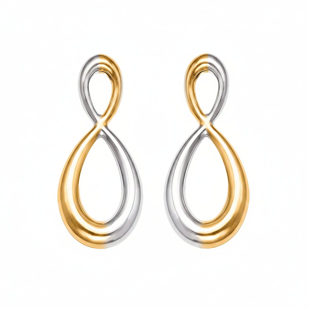 Pair of gold and silver earrings with measurements and weight information on a white background.