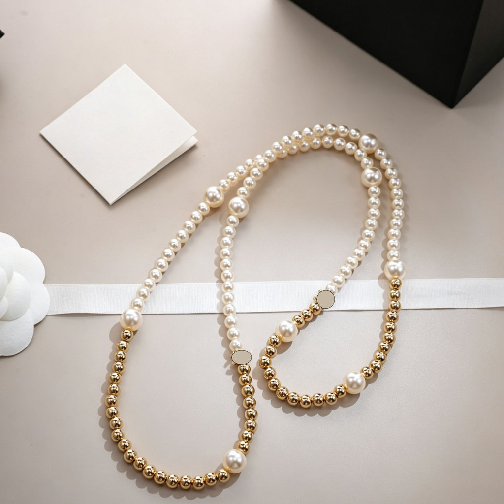 Gold Bead & Pearl Long Sweater Chain Necklace for Women | Gold Necklace Women's Jewelry (51-60cm)