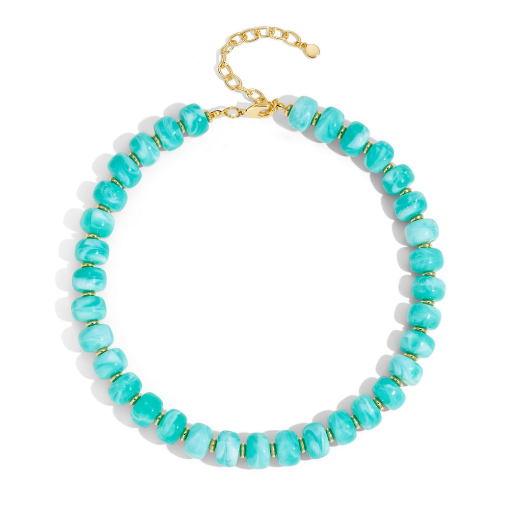 Gold heart pendant beaded statement necklace with acrylic and resin strand - view 4
