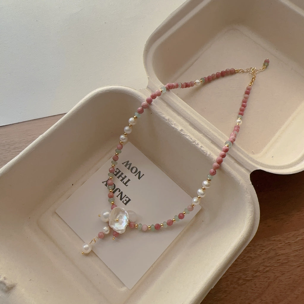Natural Rhodochrosite & Freshwater Pearl Necklace for Women - Soft Pink Retro Handmade Choker & Jewelry