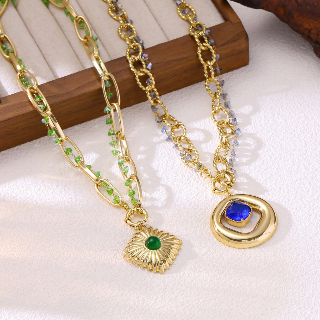 Double-Layer Sunflower Gemstone Pendant Necklace in Gold-Plated Stainless Steel, Gold Necklace Women