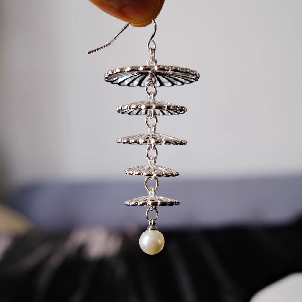 Linda's Look Cascading Pearl Tassel Earrings - Openwork Floral Brass Drops