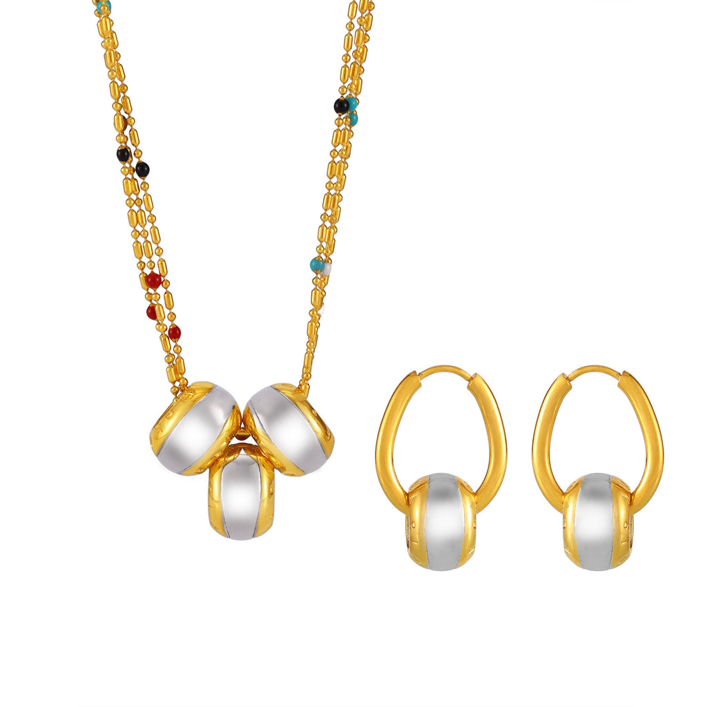 Brushed stainless steel geometric layered necklace and earrings set