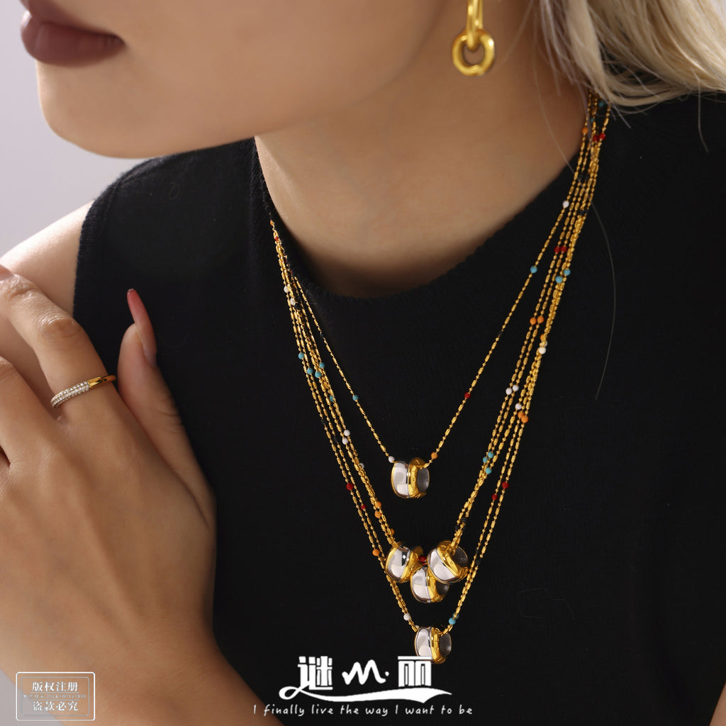 Brushed stainless steel geometric layered necklace and earrings set - view 5