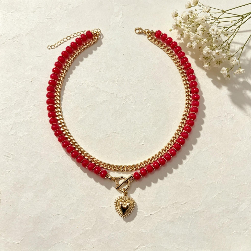 Colorful Beaded Heart Multi-Layer Necklace - Red