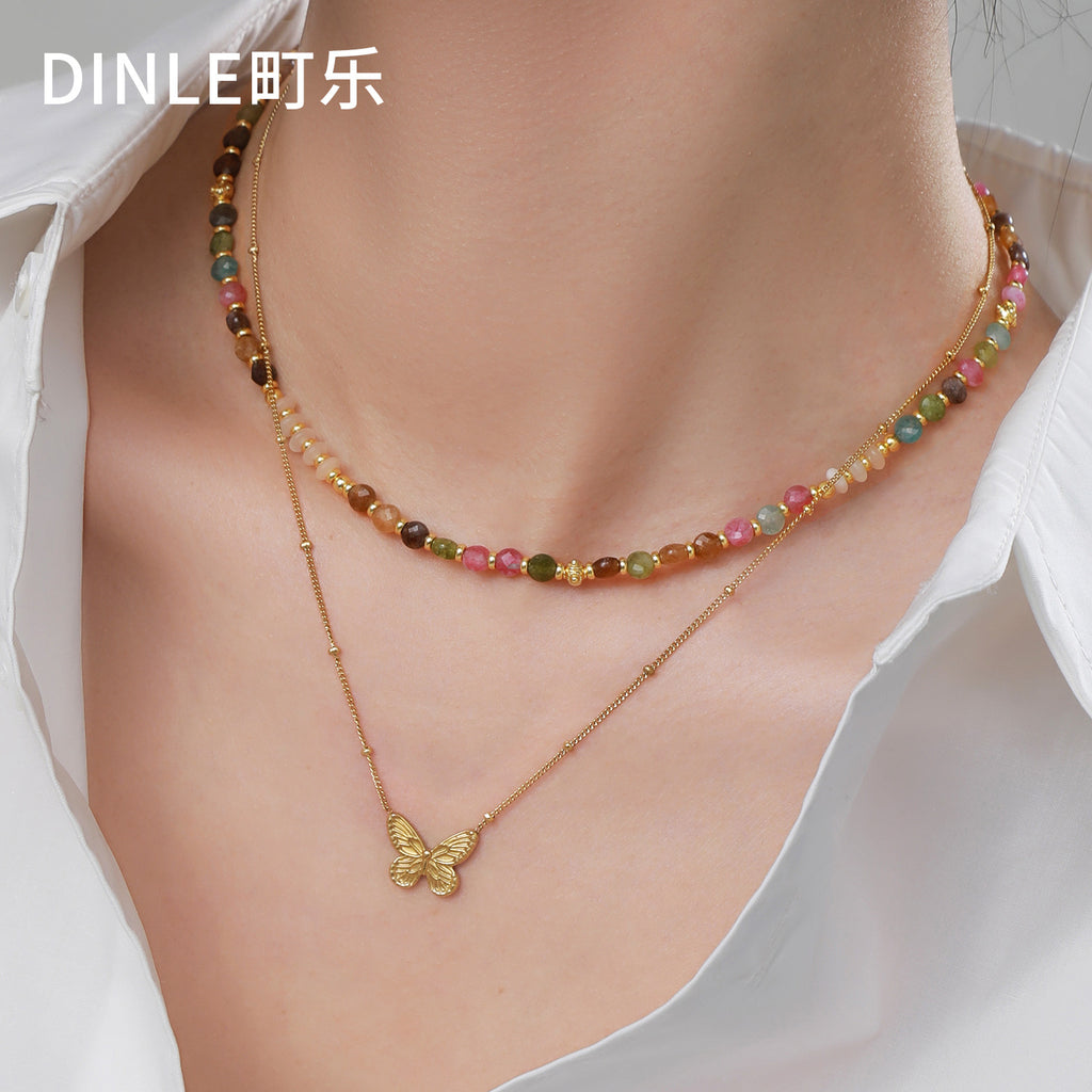 Vintage Natural Tourmaline Beaded Clavicle Necklace - Electroplated Gold Chain Gold Necklace Women