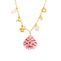 Gold necklace with a pink shell pendant on a white background