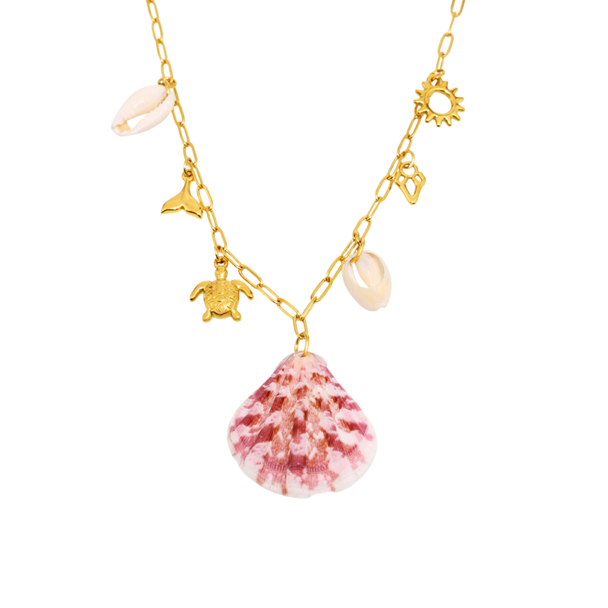 Gold necklace with a pink shell pendant on a white background
