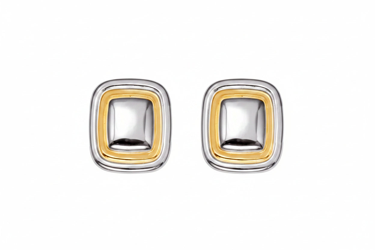 Pair of square-shaped earrings with gold and silver finish, labeled with material, dimensions, and weight.