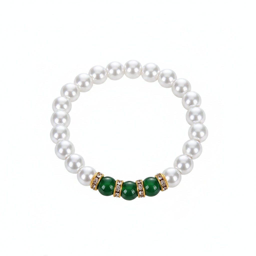 Pearl bracelet with green and gold accents 