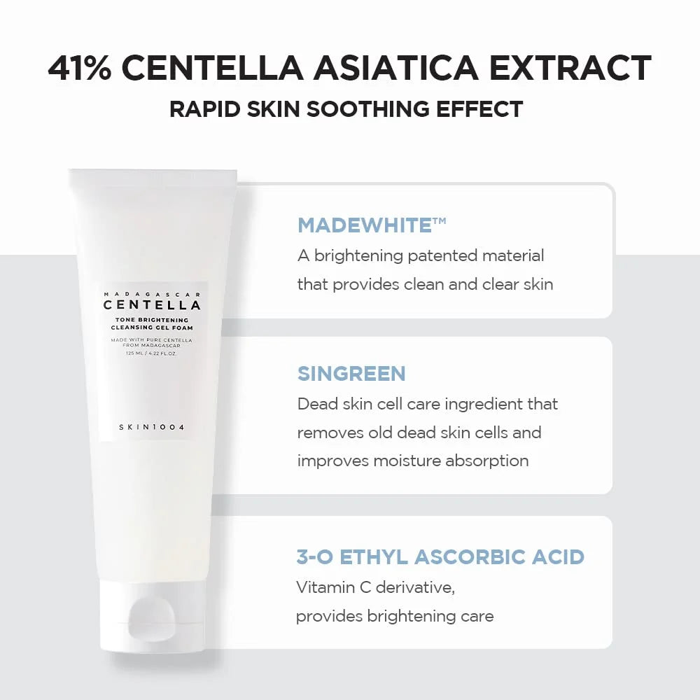 Product packaging with text about Centella Asiatica extract and skin care ingredients on a white background
