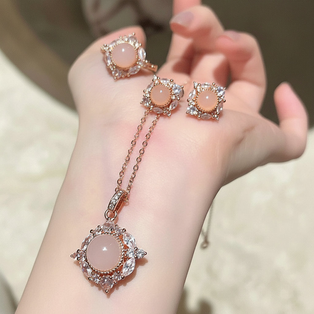 Rose gold earrings with pink stones on a hand against a neutral background