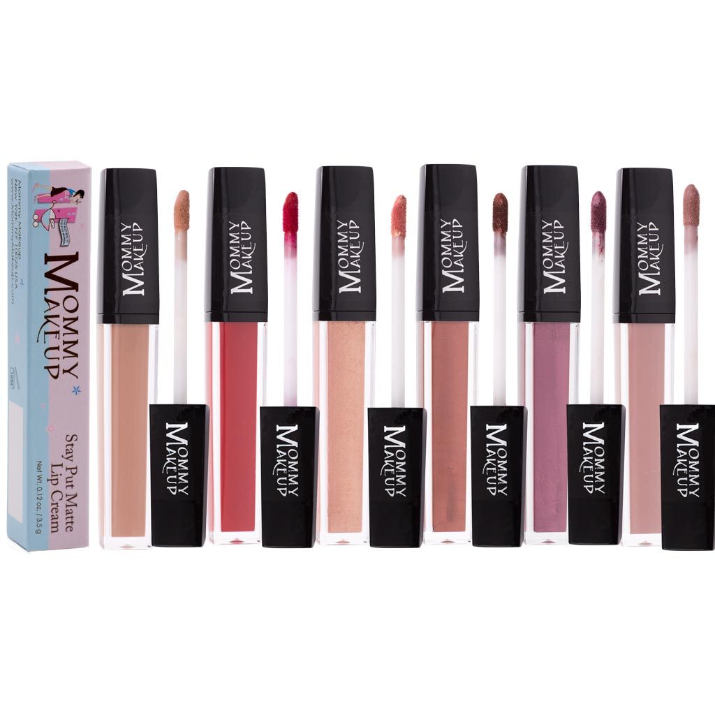 Set of Mommy Makeup lip products on a white background