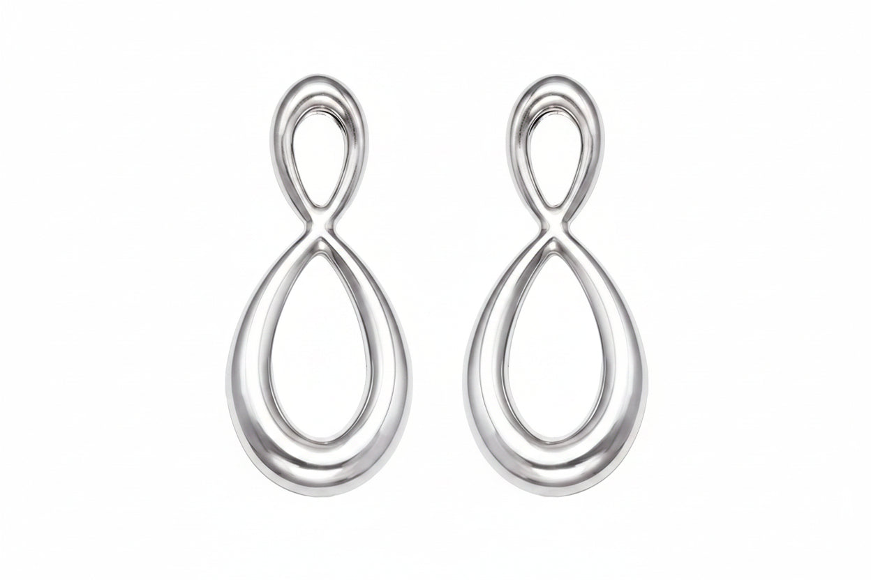 Silver earrings with measurements and material details on a white background