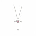 Silver necklace with a pink heart-shaped pendant on a white background