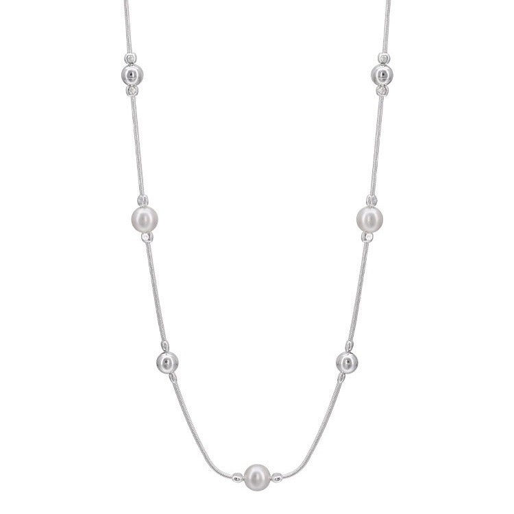 Silver necklace with pearls on a white background