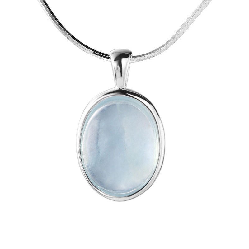 Silver pendant with a blue stone on a white background
