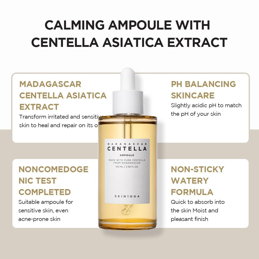 Skincare ampoule bottle with centella asiatica extract on a beige background