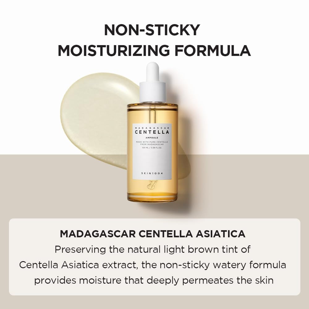 Skincare bottle with text about Madagascar Centella Asiatica and non-sticky moisturizing formula on a beige background