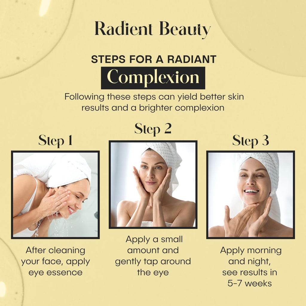 Steps for a radiant complexion with a woman applying eye essence and using a towel on her head.