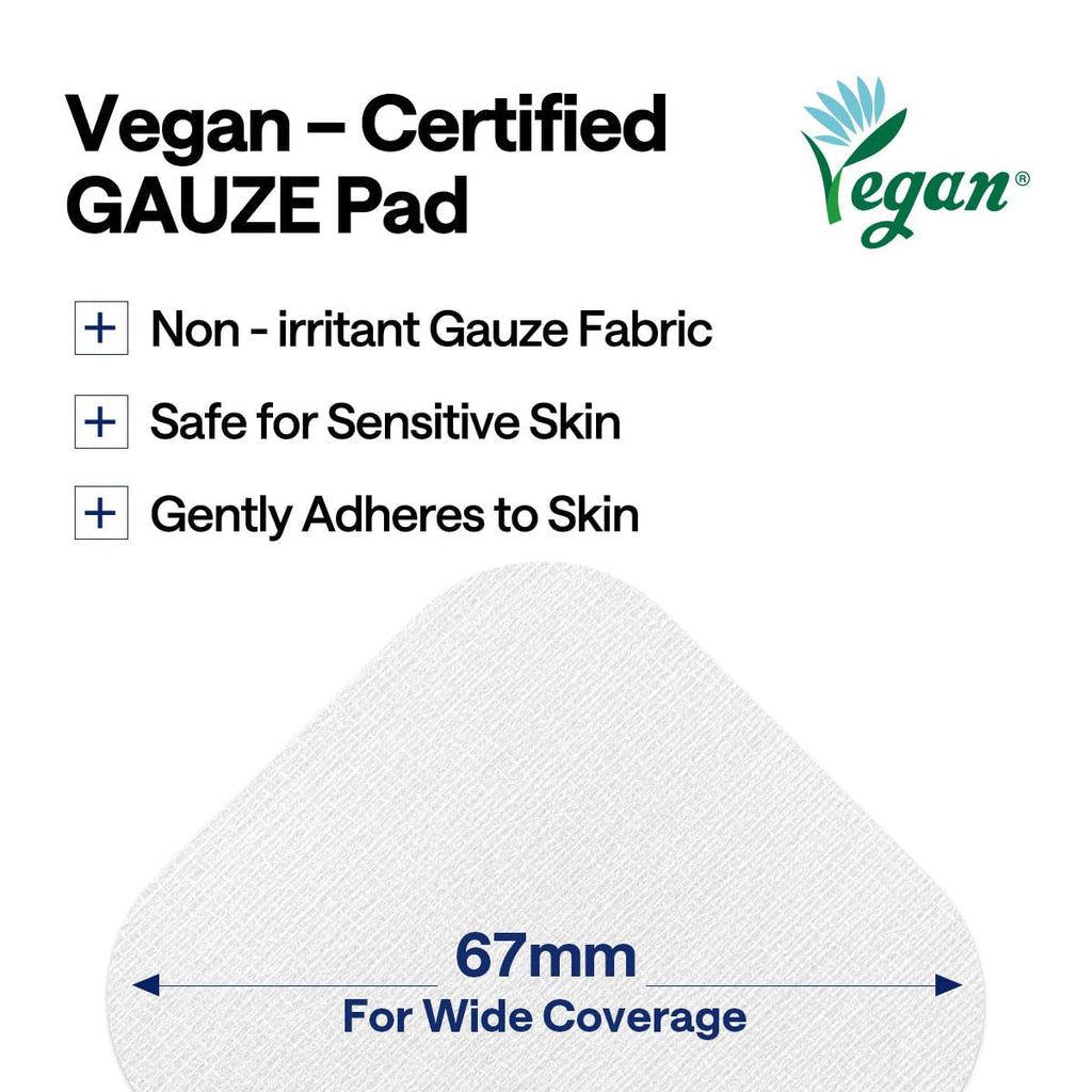 Vegan certified gauze pad with product features on a white background