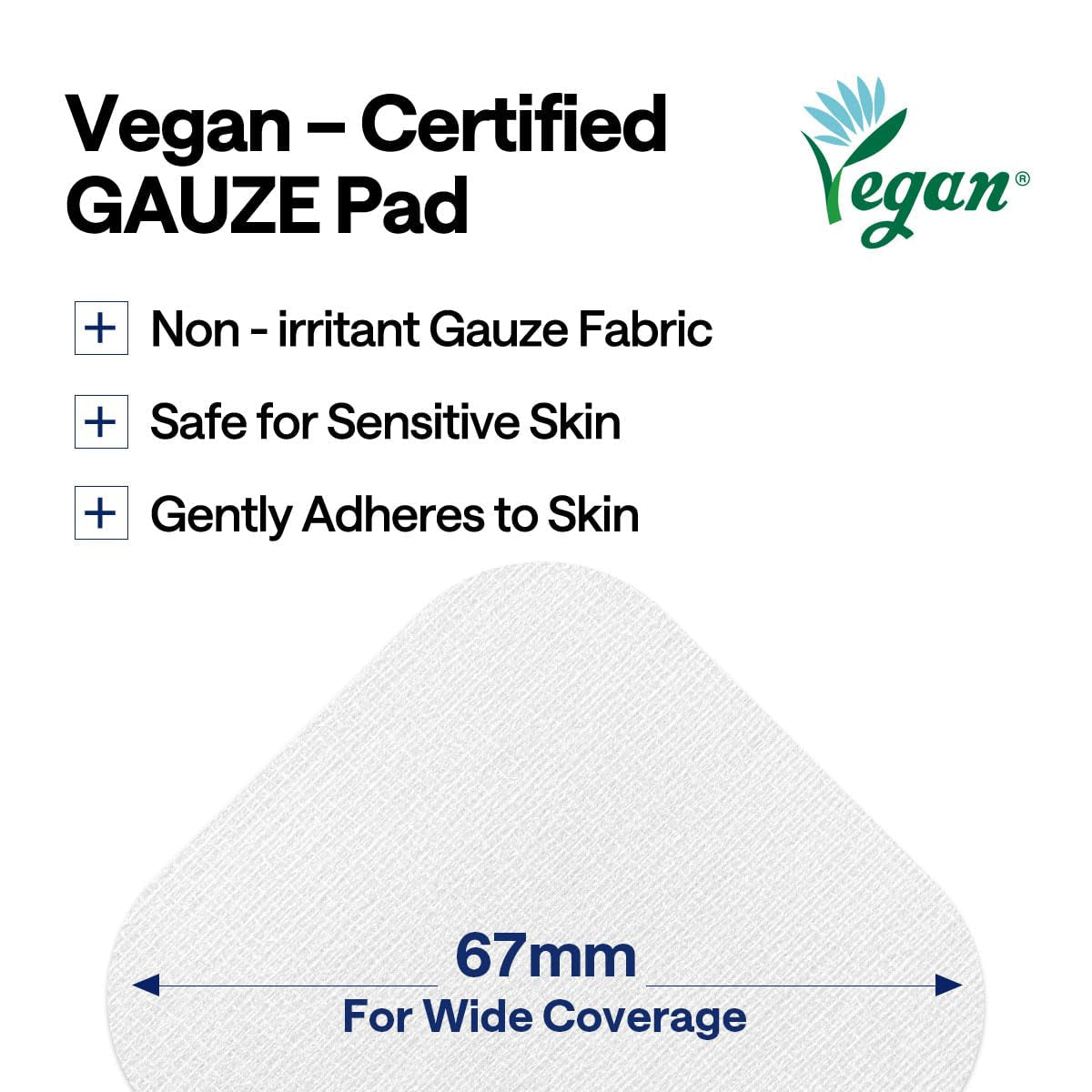 Vegan certified gauze pad with product features on a white background