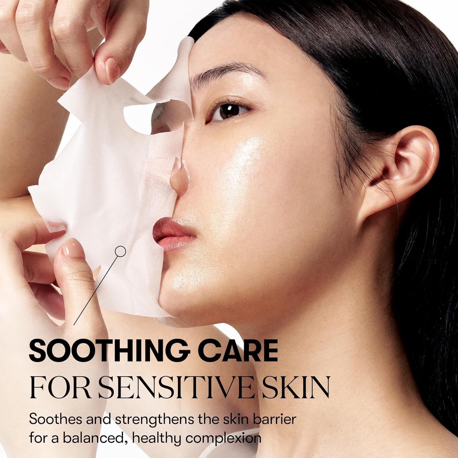 Woman applying a skincare product with text about soothing care for sensitive skin.
