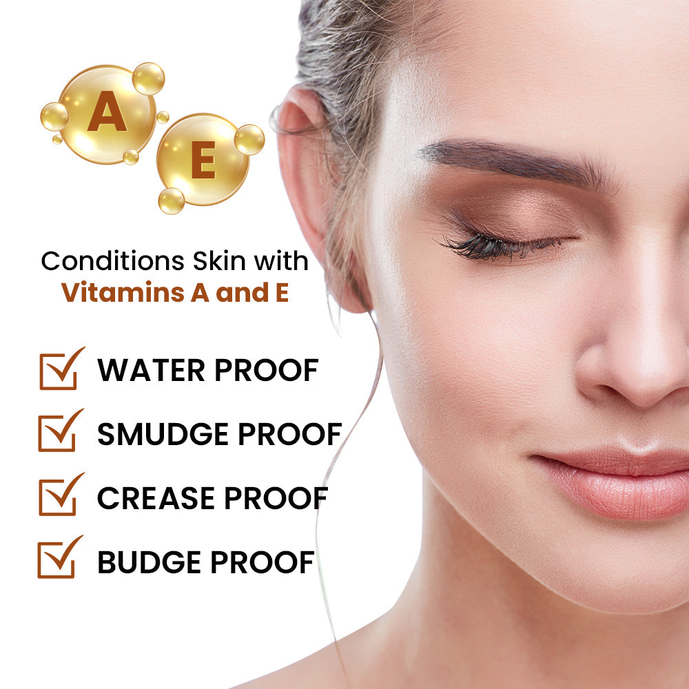 Woman's face with skincare product features highlighting vitamins A and E, waterproof, smudge-proof, crease-proof, and budget-friendly aspects.